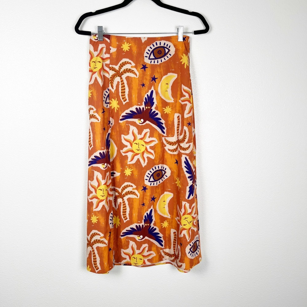 Shein Women Sun Moon Celestial Print Midi Skirt Orange Side Slit Small